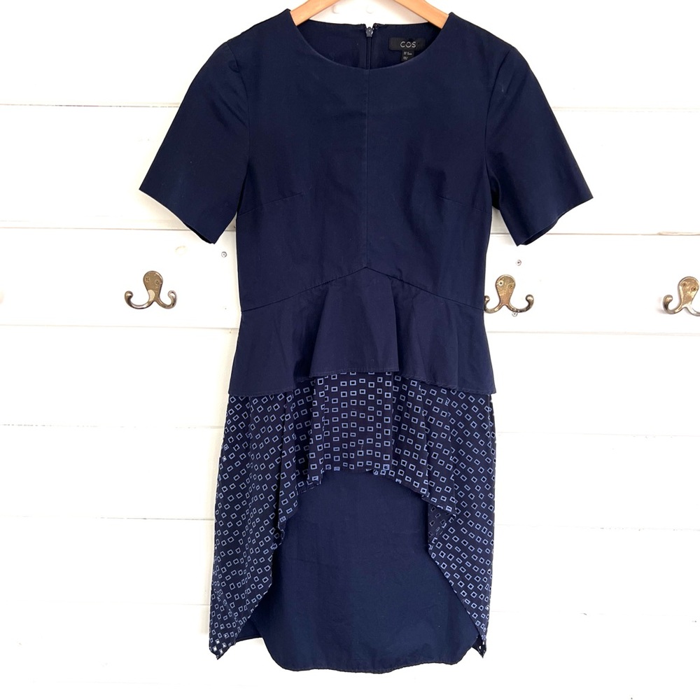 COS Navy Cotton Peplum Dress. Short sleeves, midi-length Size 34 (US 2).